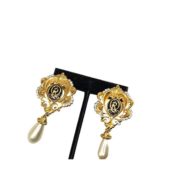 Vintage OSCAR DE LA RENTA signed clip statement earrings 2.5" dangle pearl - Picture 2 of 8